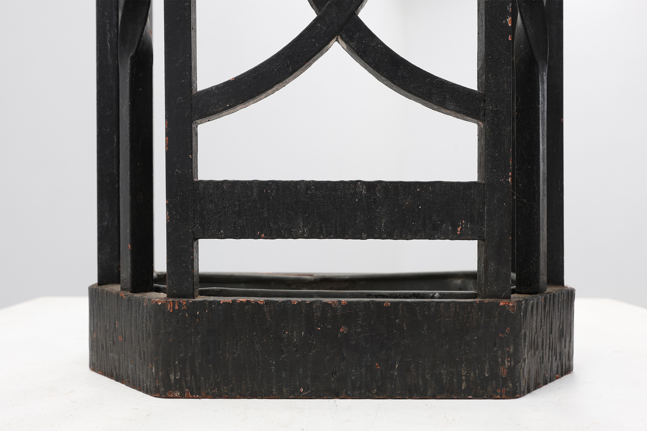 Art Deco metal umbrella stand with geometric openwork and brass rim, Belgium, 1920sthumbnail